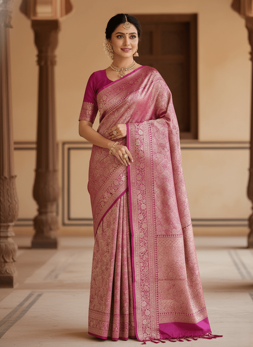 Hot Pink Banarasi Handloom Katan Silk Brocade Saree