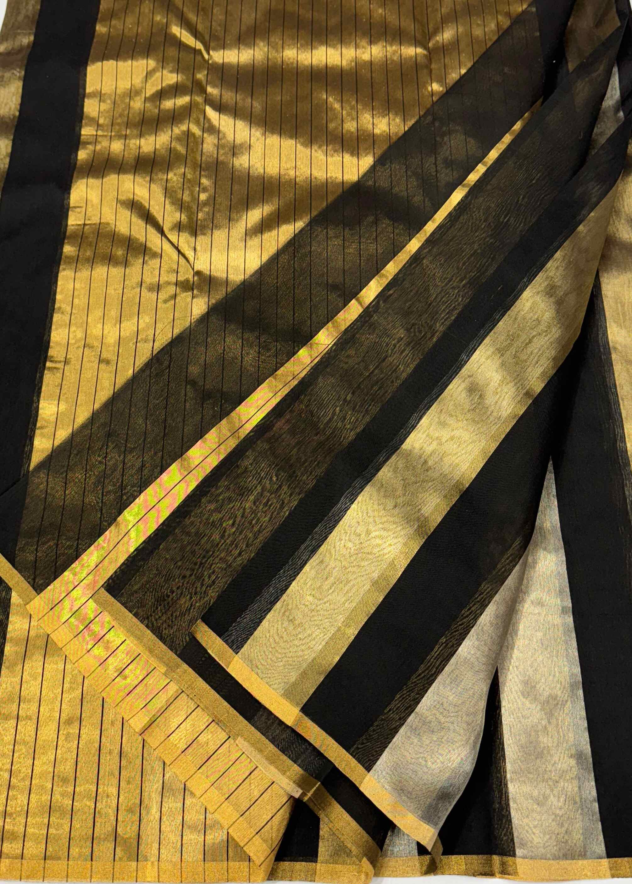 Gold, Silver & Black Chanderi Handloom Metallic Tissue Silk Contemporary Saree