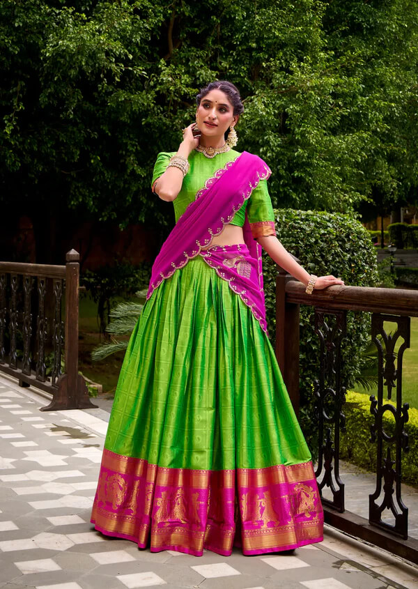 Parrot Green Cotton Lehenga with Intricate Zari Detailing