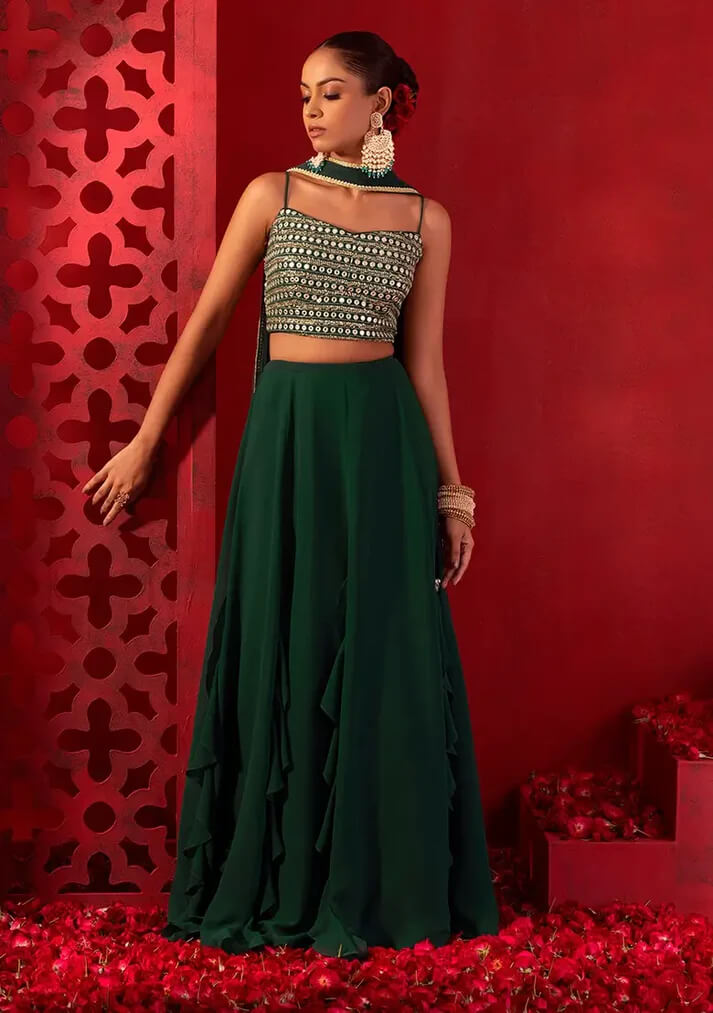 Green Georgette Fancy Lehenga with Sequins Work
