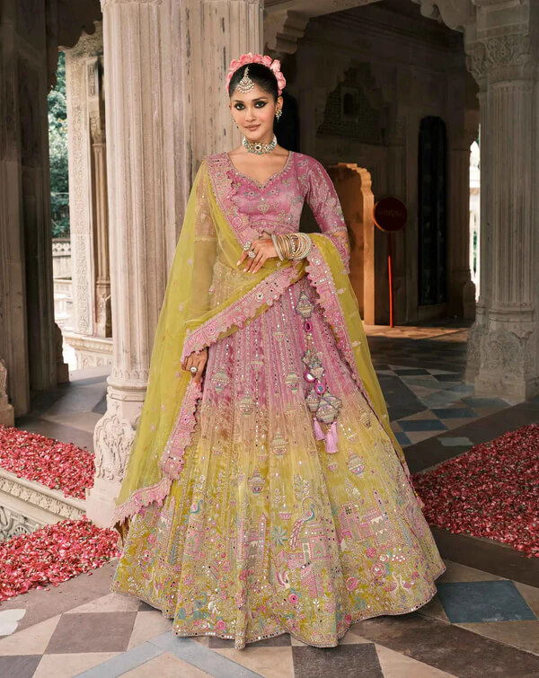 Pink Yellow Bridal Lehenga with Exquisite Designer Embroidery