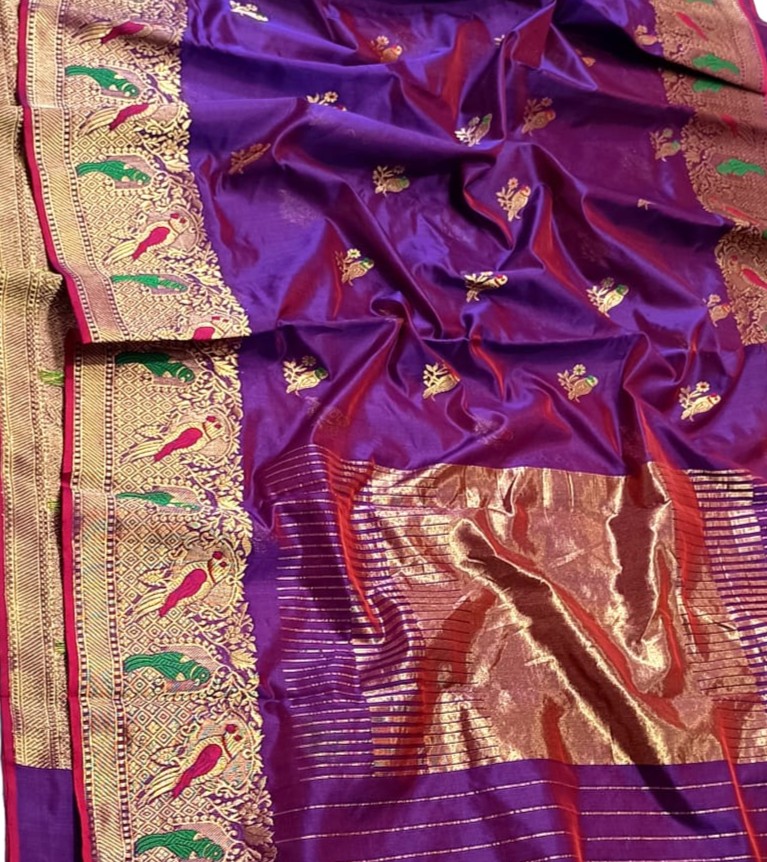 Purple Chanderi Handloom Pattu Silk Meenakari Handwork Saree