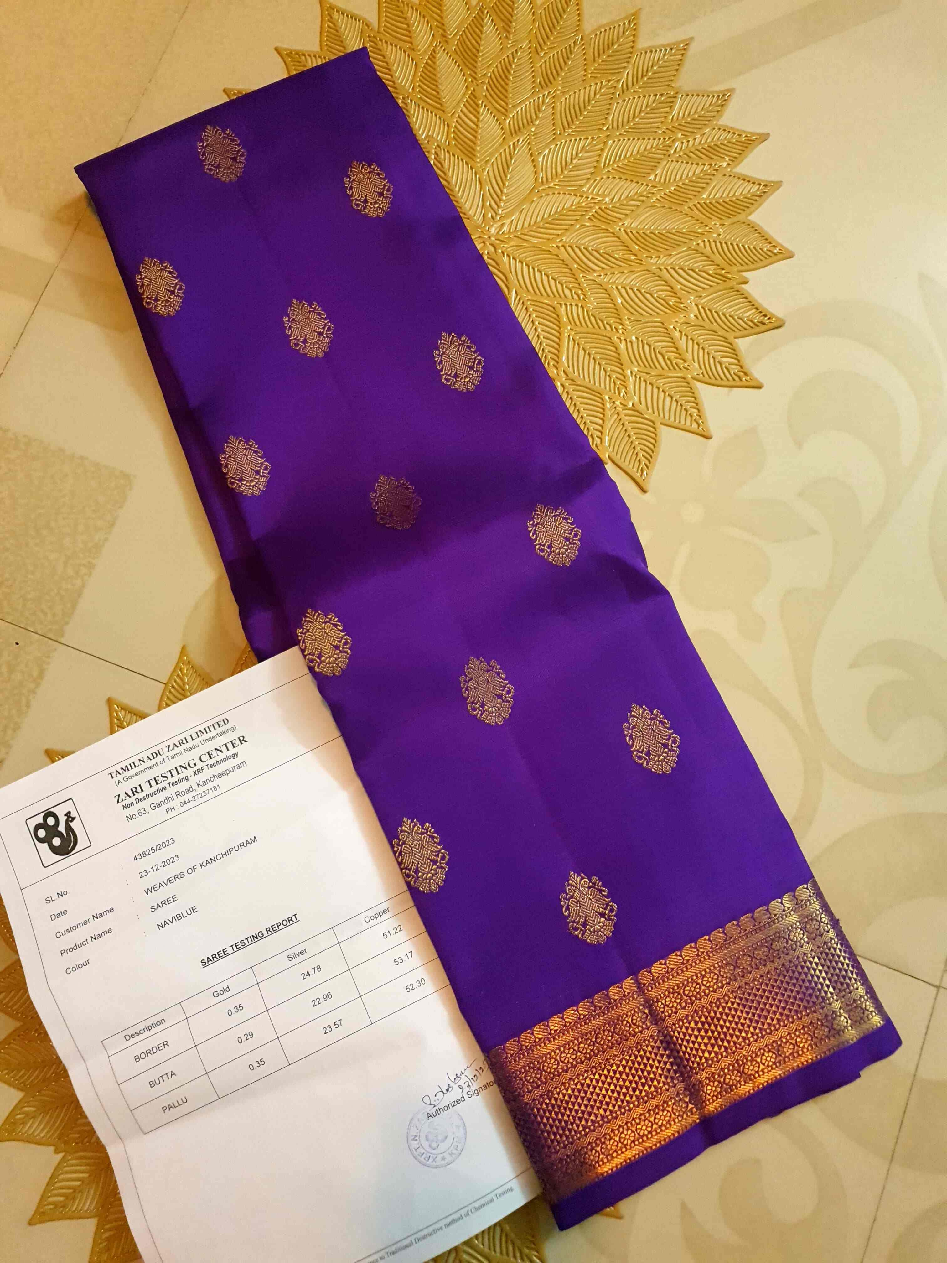 Purple Kanchipuram Handloom 4G Pure Gold Pattu Silk Saree