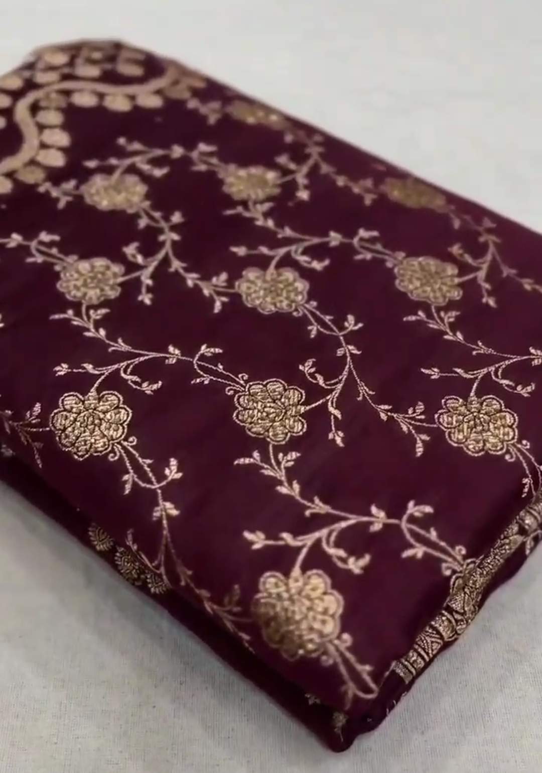 Wine Banarasi Satin Katan Silk Swarovski Jangla Saree