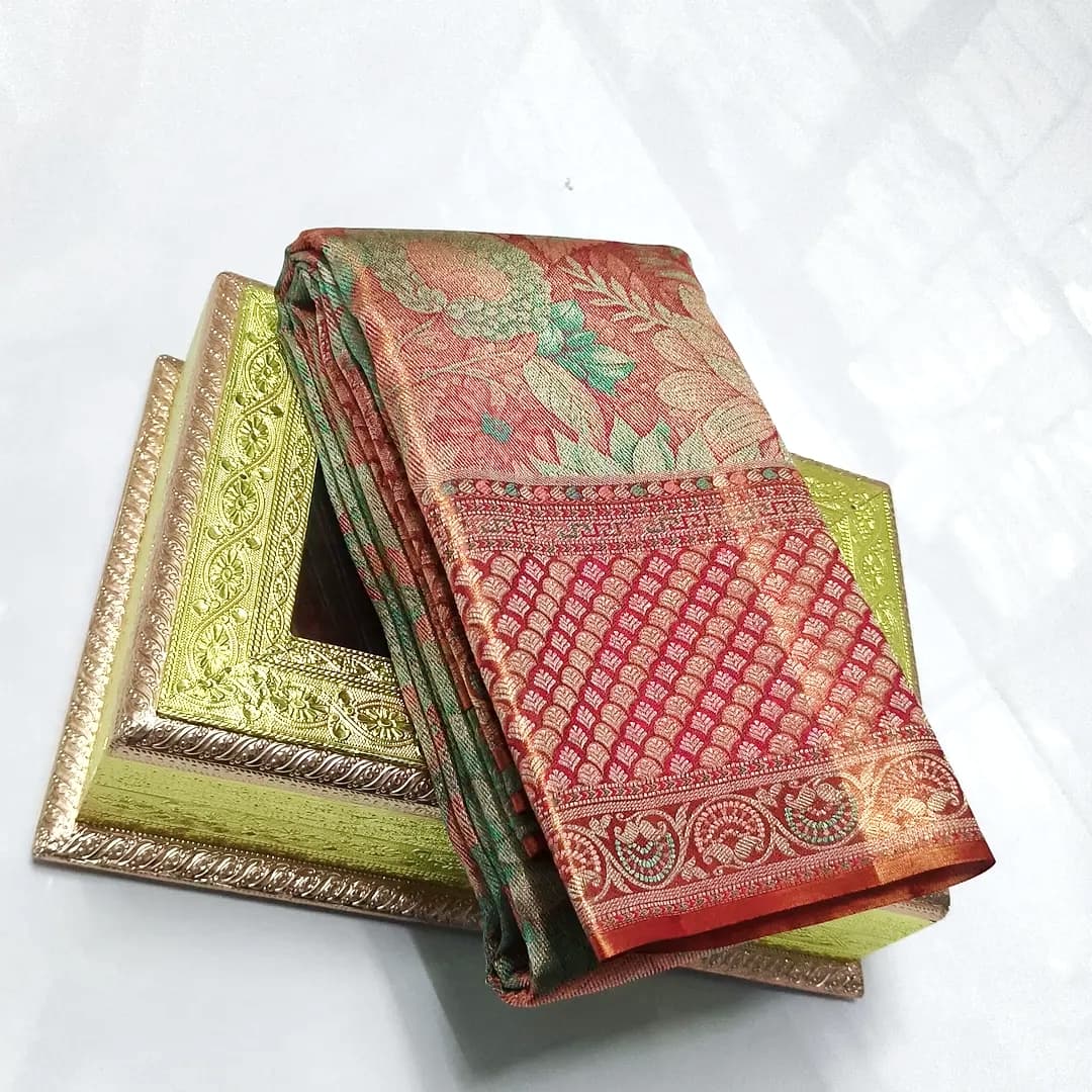 Peach Kanchipuram Handloom 5D Meenakari Tissue Brocade Silk Saree