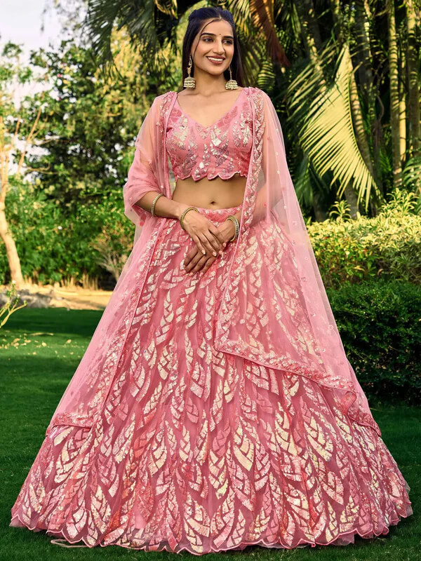 Pink Soft Net Lehenga with Sequins & Thread Work