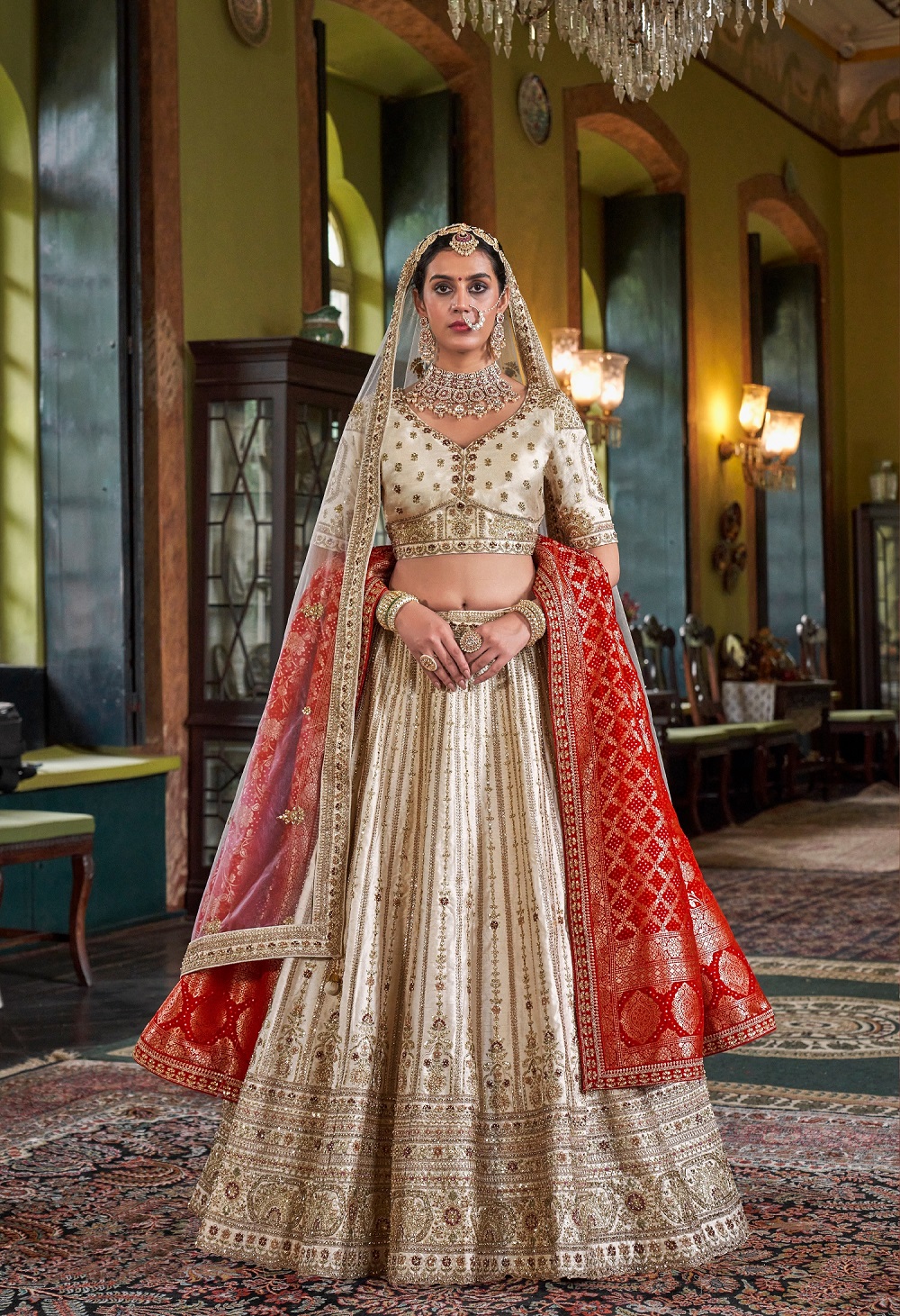 Beige Bridal Lehenga and Red Dupatta With Heavy Embroidery & Pearl Work