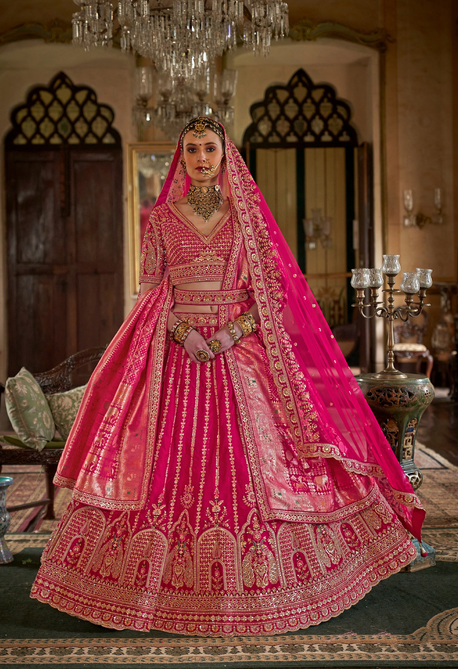 Graceful Pink Bridal Ensemble with Exquisite Sequin Embroidery