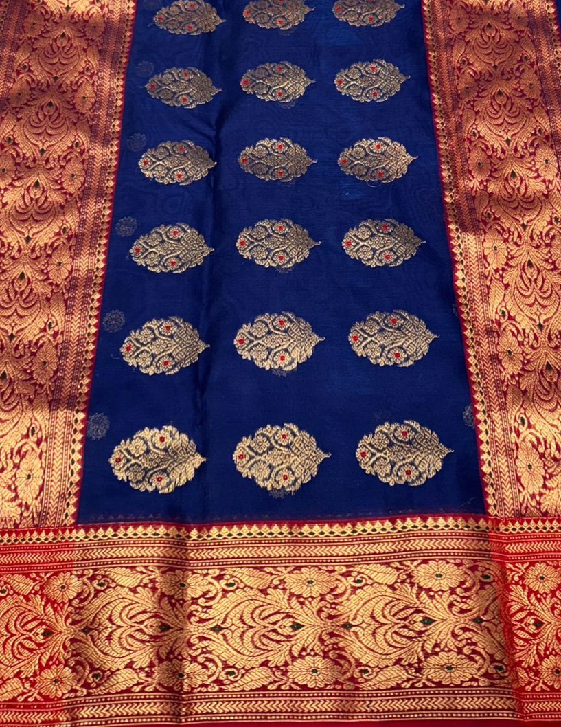Azure Blue Chanderi Handloom Katan Silk Meenakari Saree
