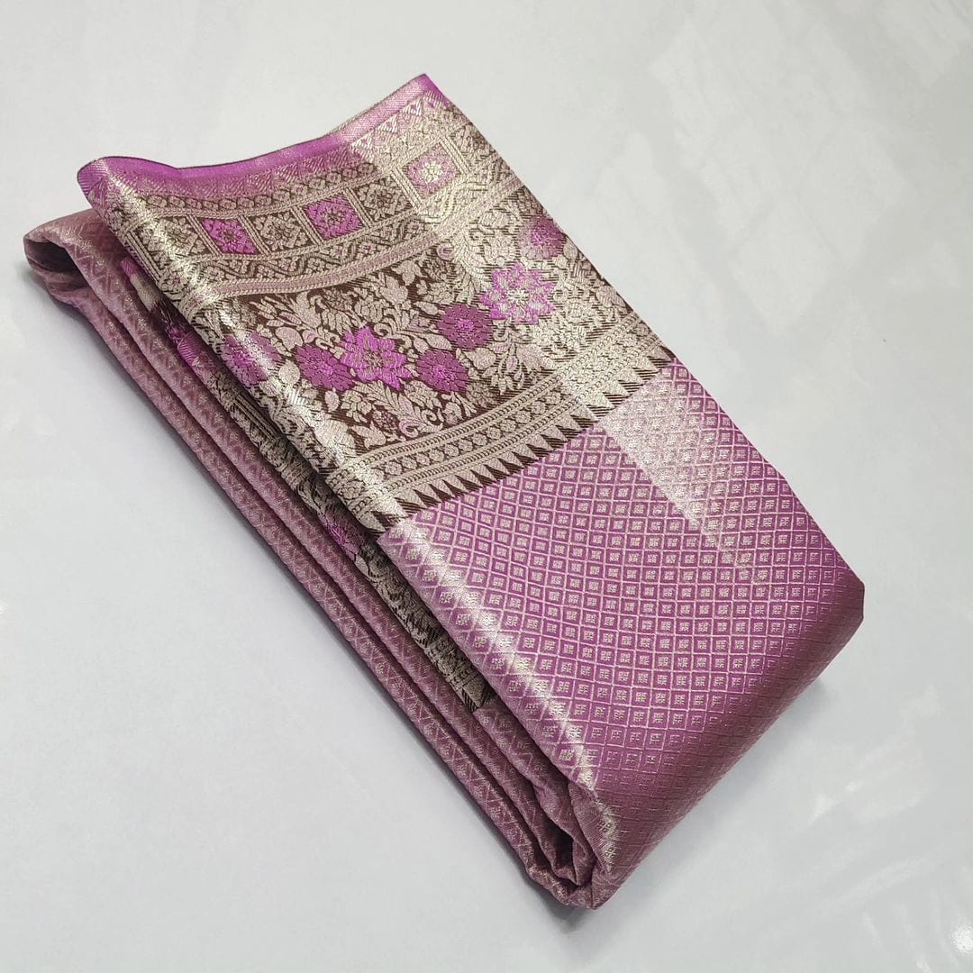 Onion Pink Kanchipuram Handloom Tissue Brocade Meenakari Silk Saree
