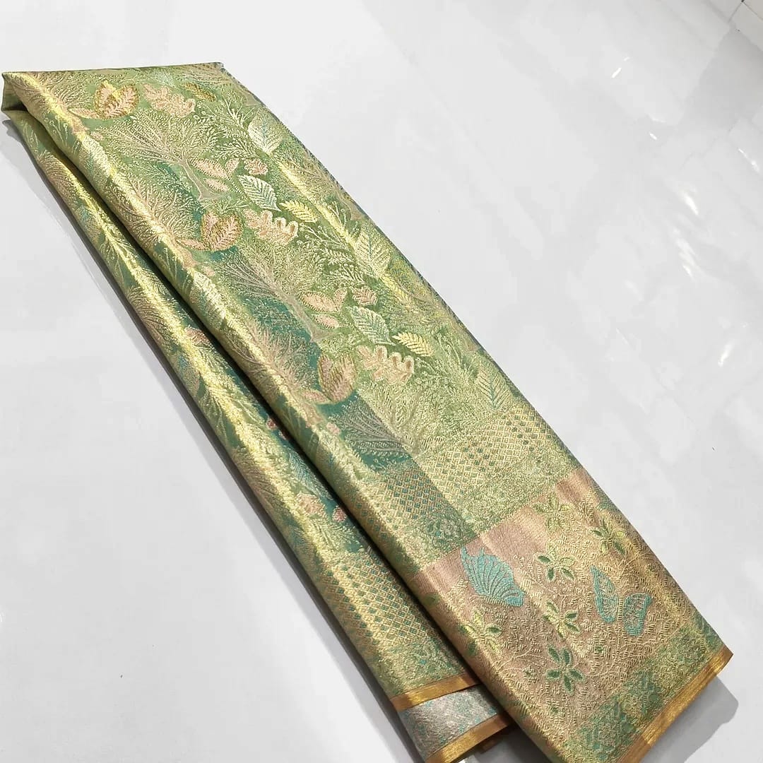 Pastel Green Kanchipuram Handloom Tissue Brocade Meenakari Silk Saree