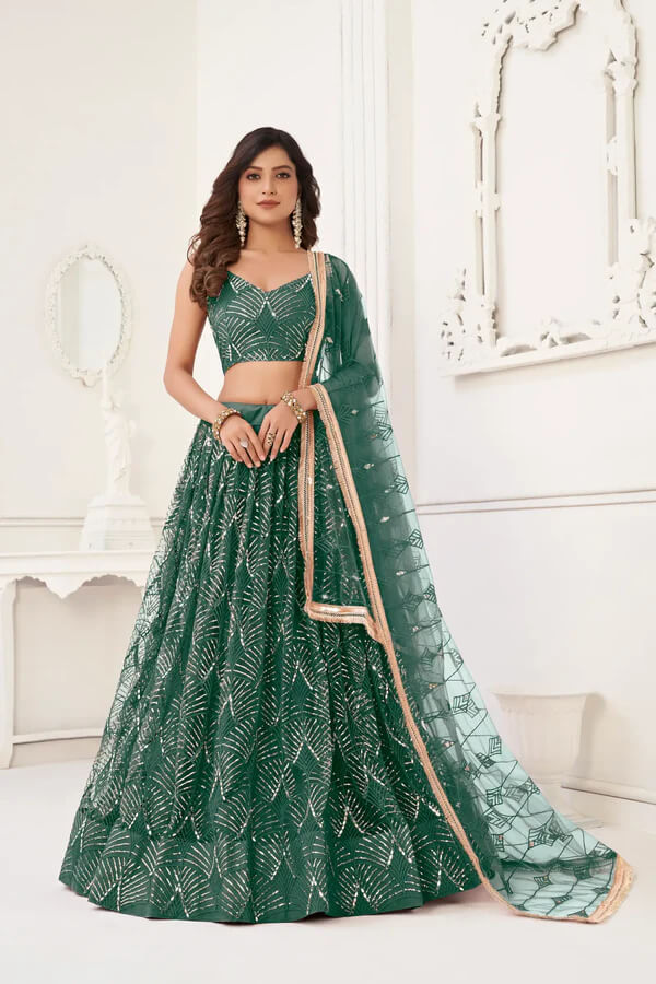Chic Bottle Green Net Lehenga for Sangeet & Functions