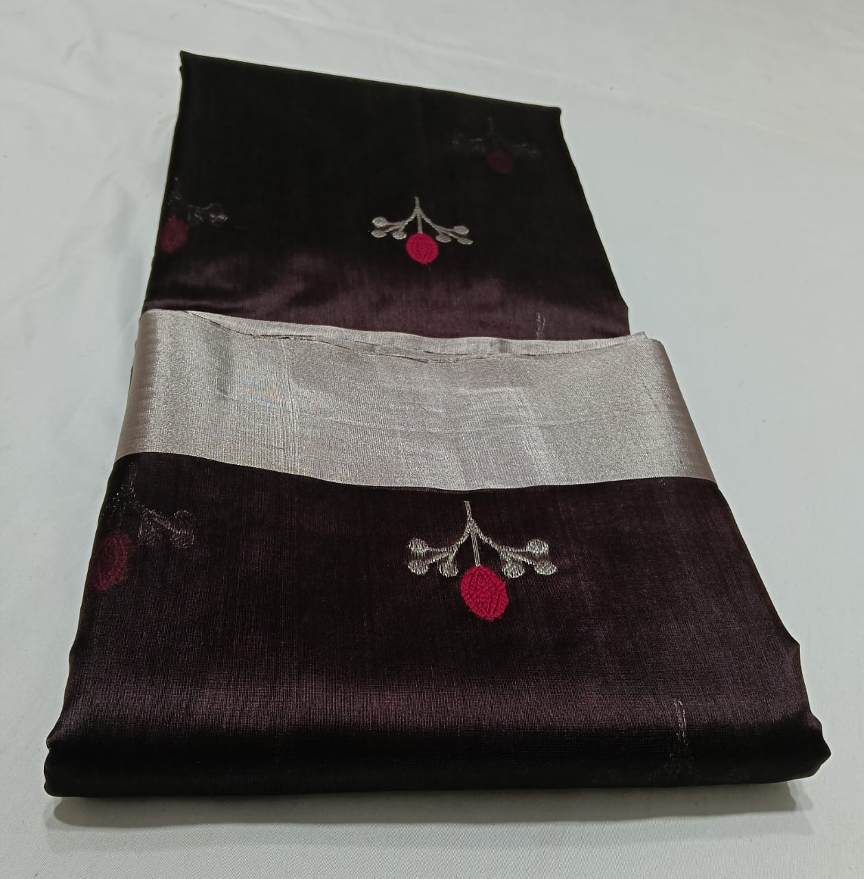 Dark Brown Chanderi Handloom Pattu Silk Eknal Buttas Meenakari Saree