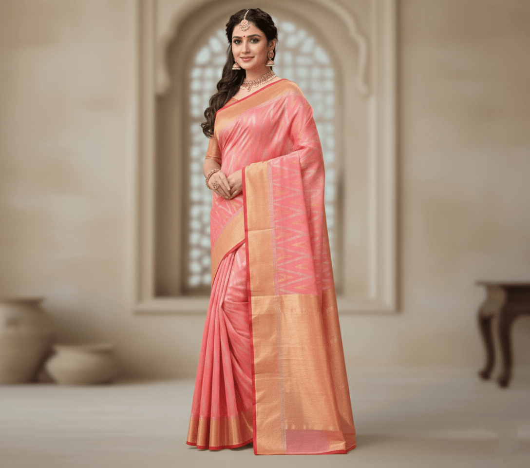 Peach Chanderi Handloom Pattu Silk Handwork Saree