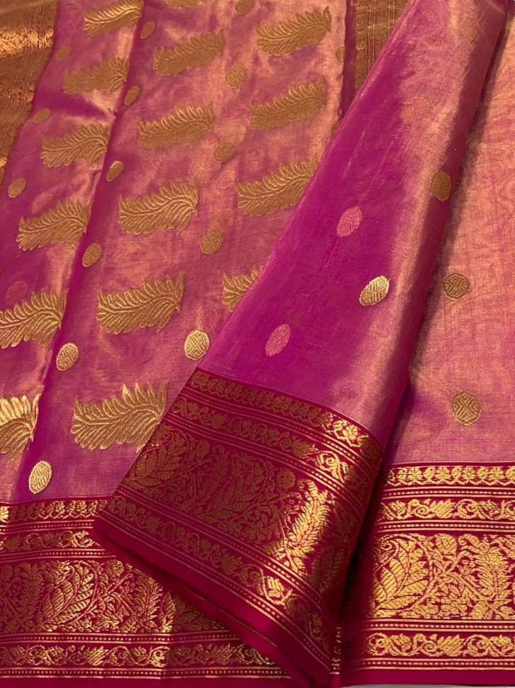 Hot Pink Chanderi Handloom Katan Tissue Silk Saree