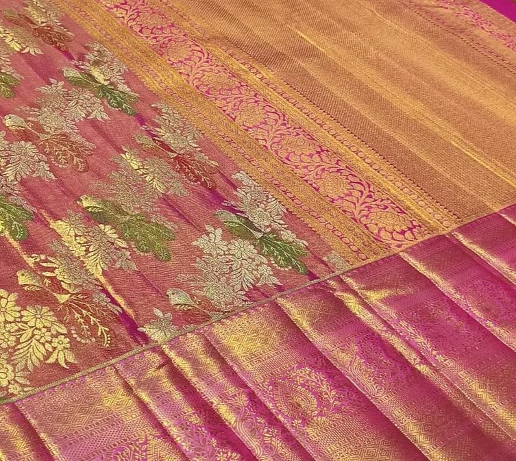 Hot Pink Kanchipuram Handloom Tissue Brocade Meenakari Silk Saree