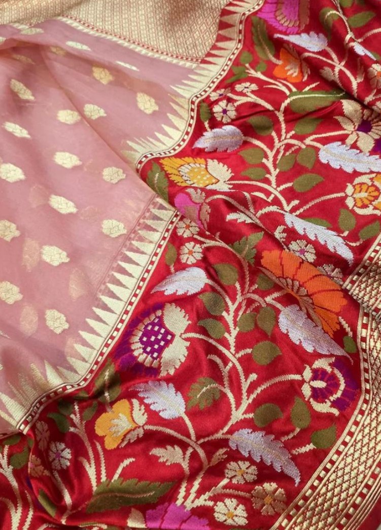 Pink & Red Banarasi Handloom Kora Tissue Silk Meenakari Saree