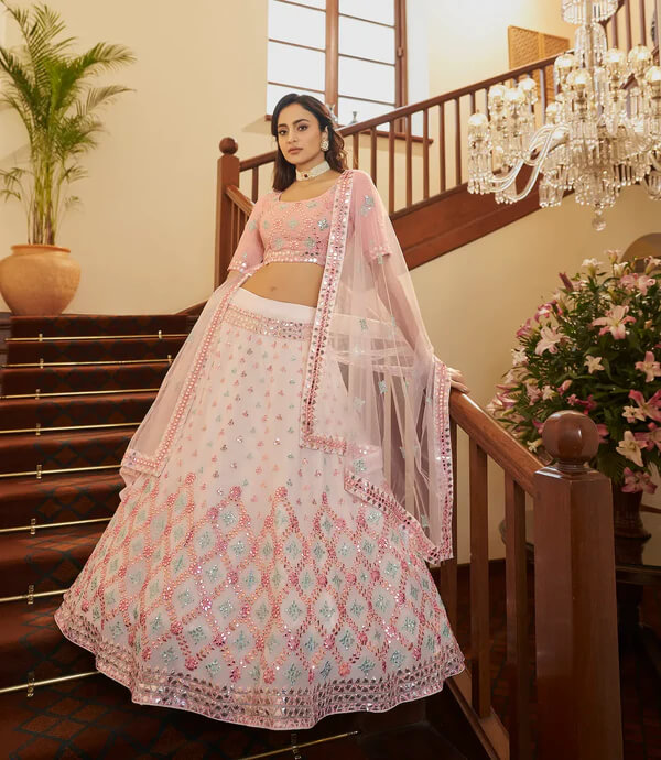 Elegant White Gota Patti Embroidered Georgette Lehenga Set