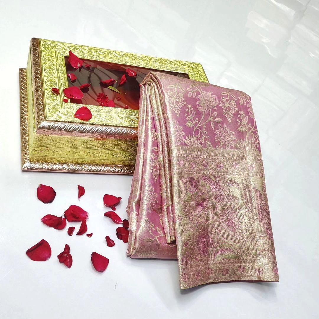 Baby Pink Kanchipuram Handloom Tissue Brocade Silk Saree