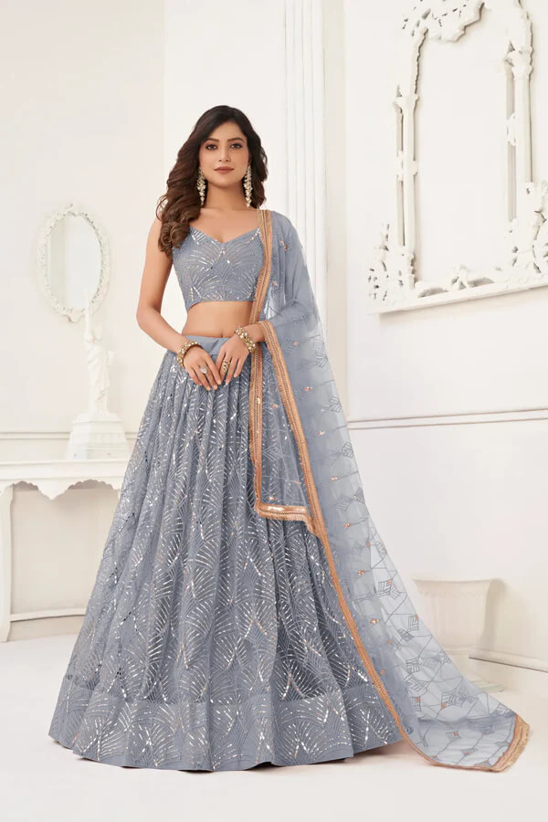 Graceful Light Grey Net Lehenga with Sequins