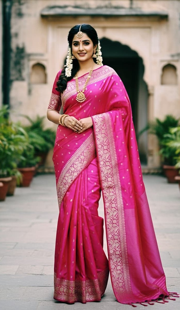 Hot Pink Handloom Pattu Silk Meenakari Handwork Saree