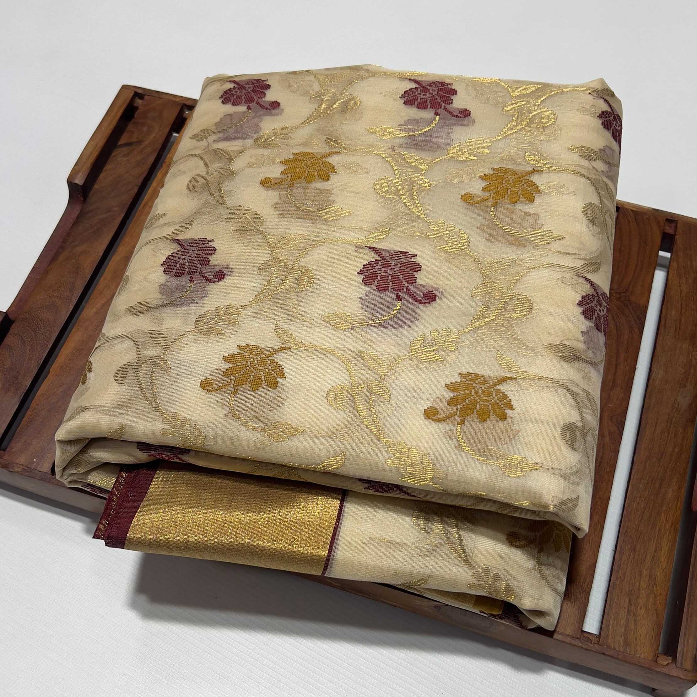 Beige Chanderi Handloom Katan Silk Saree