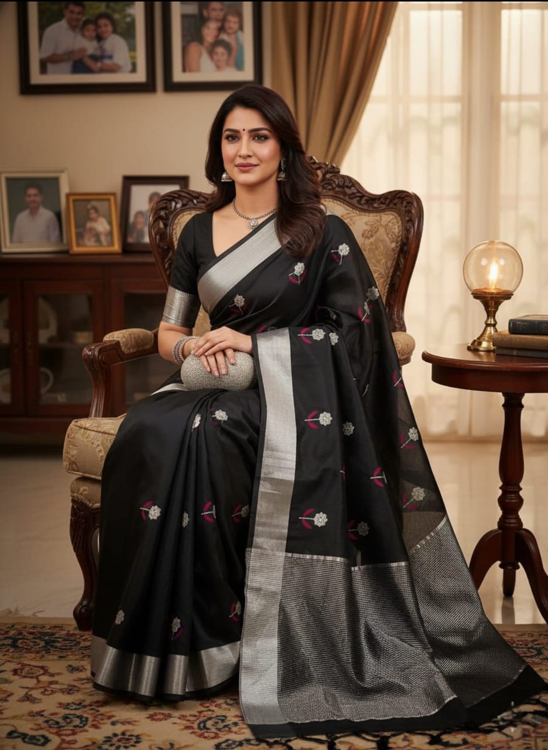 Black Chanderi Handloom Pattu Silk Meenakari Saree