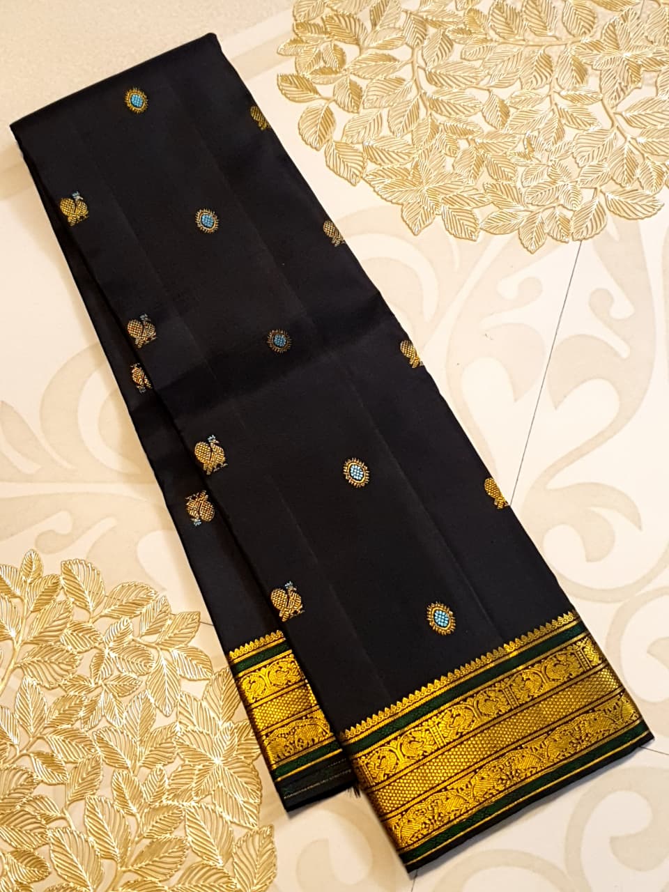 Black Kanchipuram Handloom 2G Gold Pattu Silk Meenakari Saree