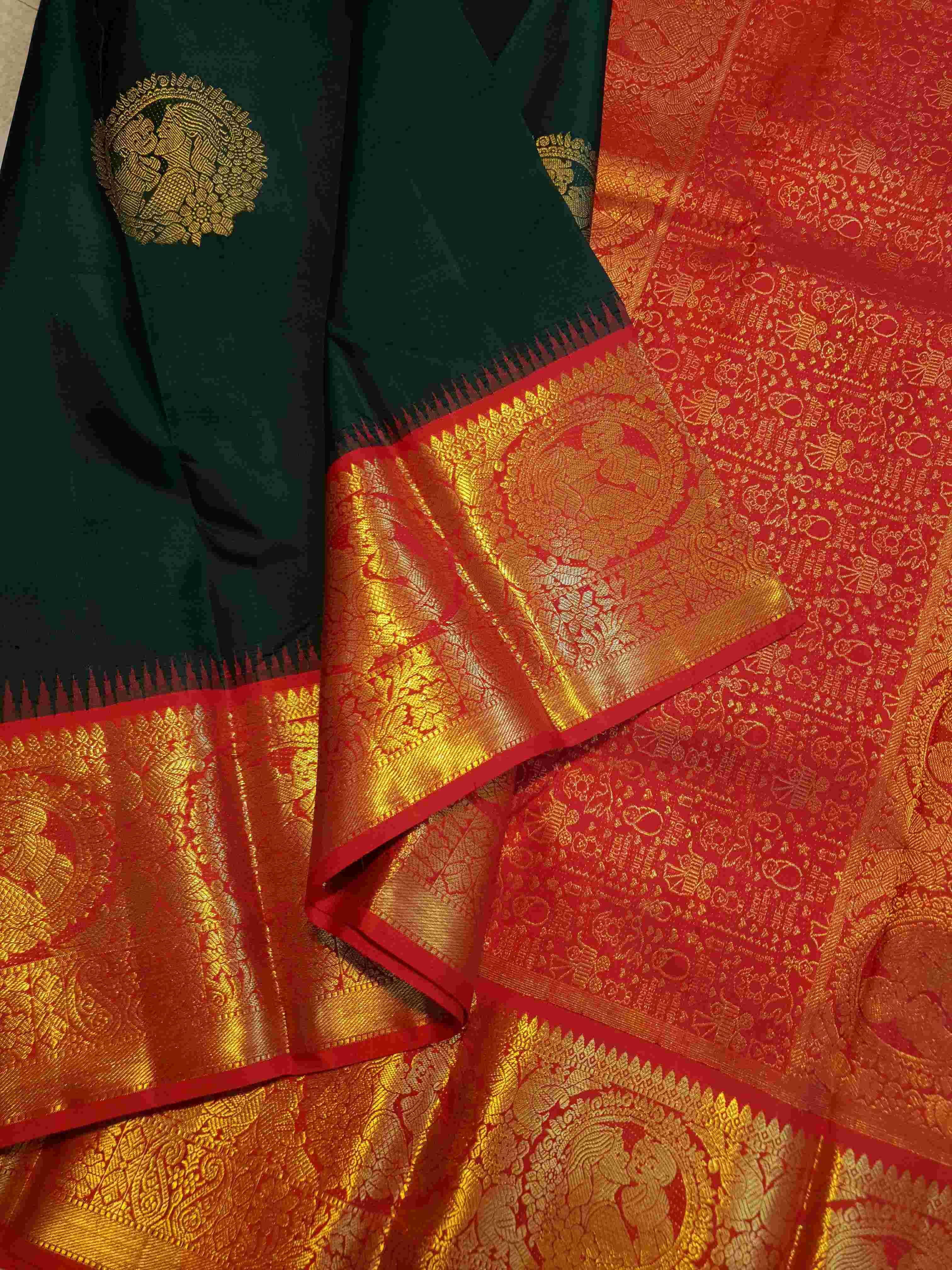 Bottle Green Kanchipuram Handloom 2G Gold Baby Shower Korvai Silk Saree