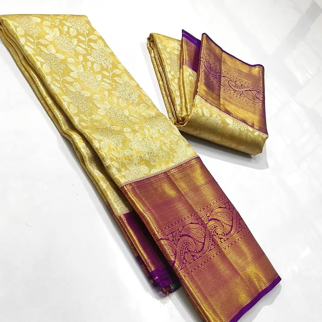 Gold & Purple Kanchipuram Handloom Tissue Brocade Meenakari Silk Saree