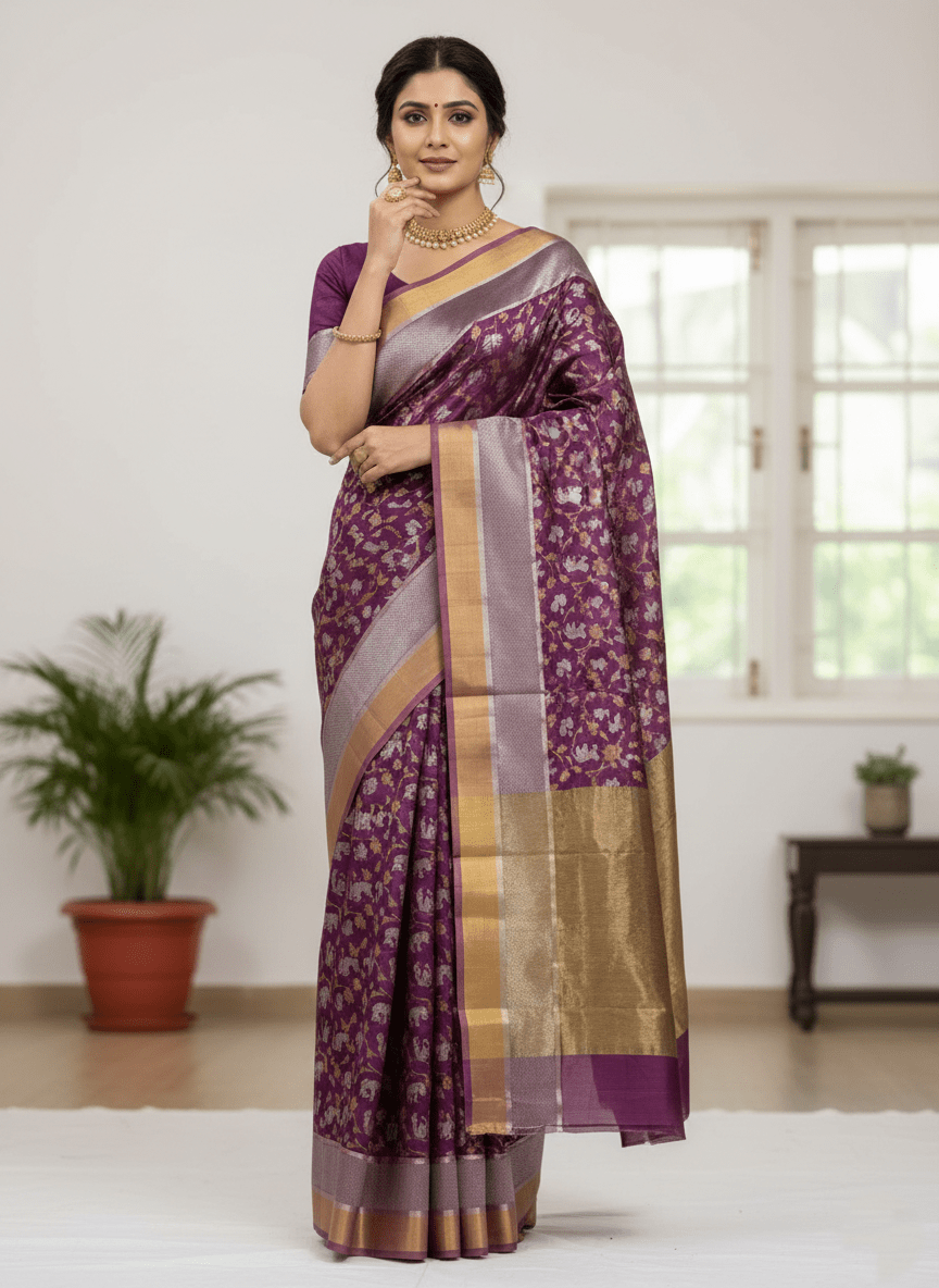 Lilac Chanderi Handloom Pattu Silk Shikargah Handwork Saree