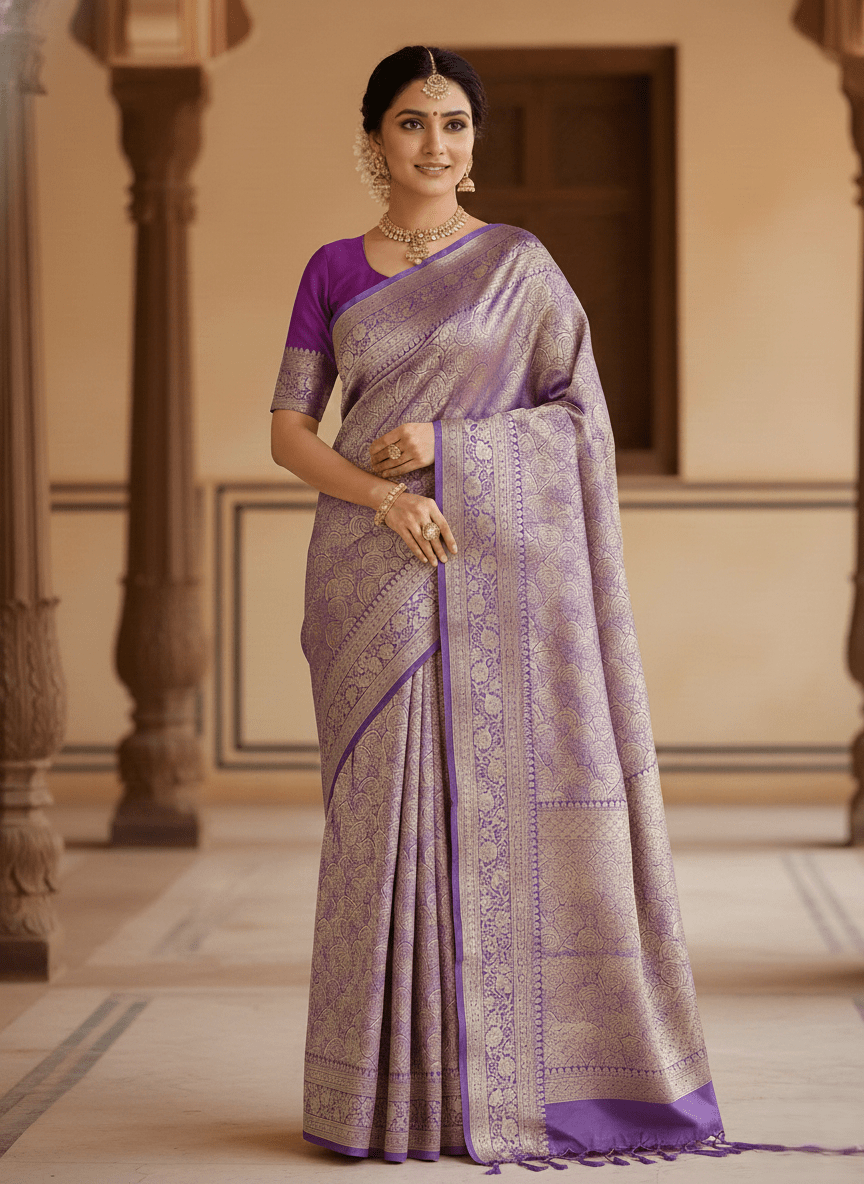 Lavender Banarasi Handloom Katan Silk Brocade Saree