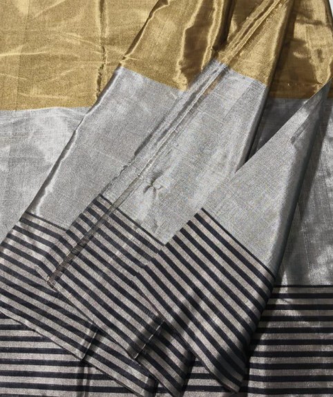 Gold, Silver & Black Chanderi Handloom Metallic Tissue Silk Contemporary Saree