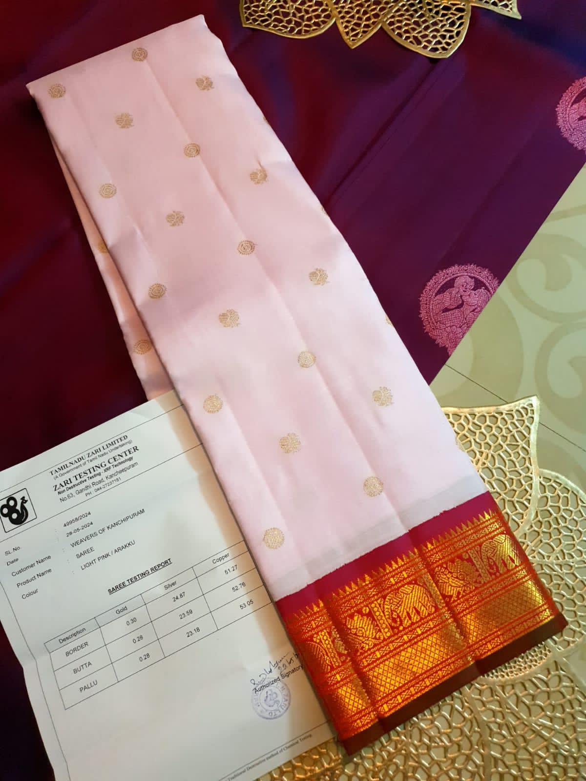 Baby Pink Kanchipuram Handloom 3G Gold Pattu Silk Saree