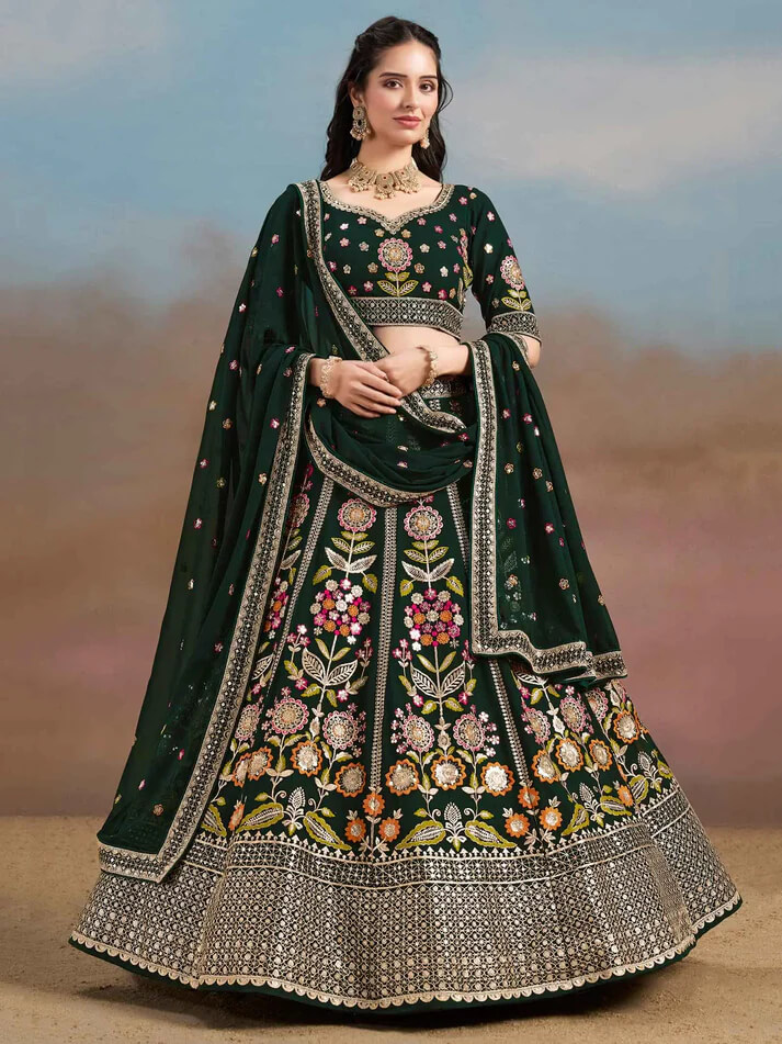 Dark Green Georgette Lehenga with Zari & Sequins Work