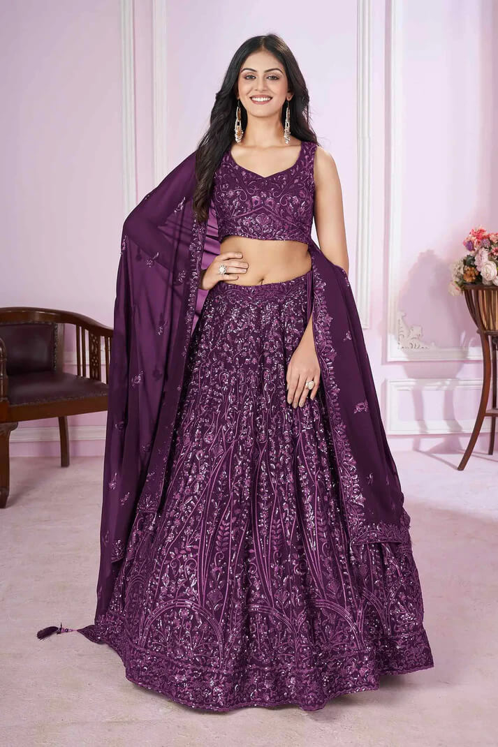 Wine Georgette Lehenga with Sequins & Thread Embroidery