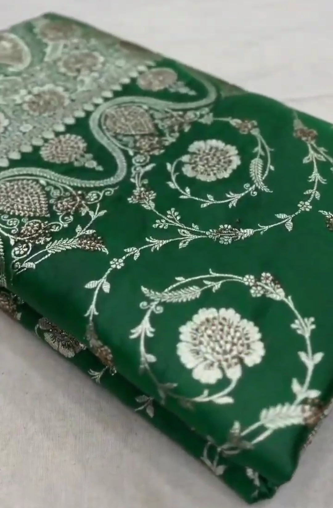 Green Banarasi Satin Katan Silk Swarovski Jangla Saree