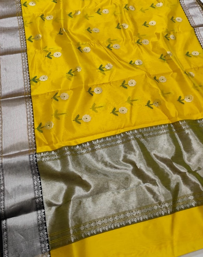 Golden Yellow Chanderi Handloom Pattu Silk Meenakari Nakshi Saree