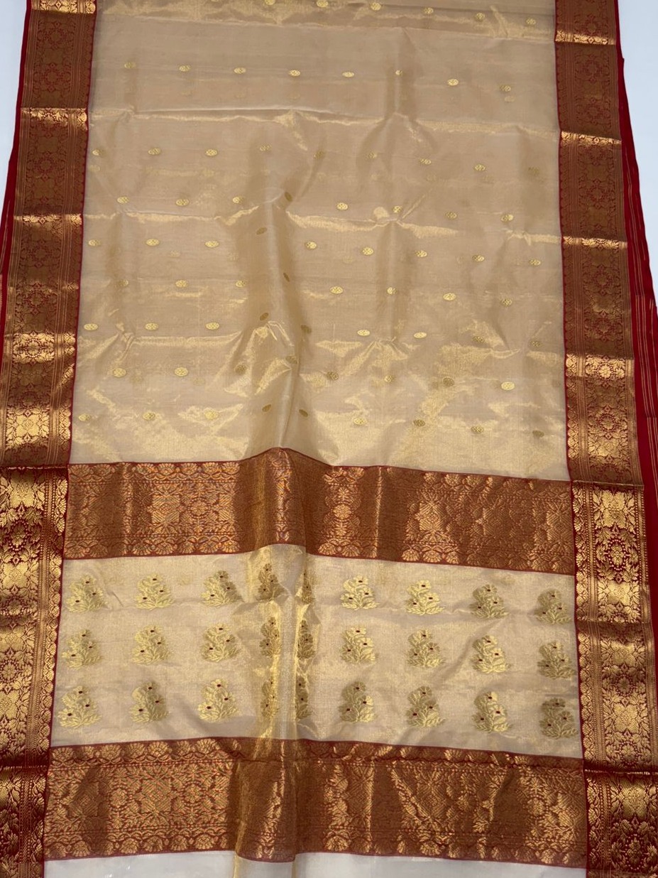 Beige Chanderi Handloom Katan Tissue Silk Saree