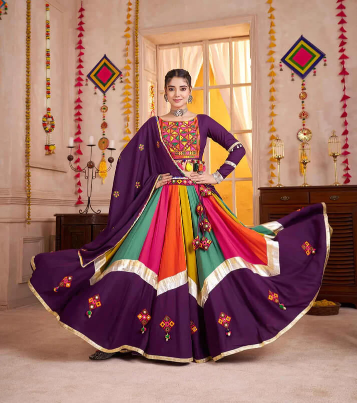 Purple Multi Color Mirror & Thread Work Navratri Lehenga