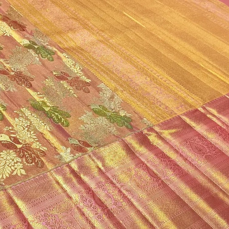Peach Kanchipuram Handloom Tissue Brocade Meenakari Silk Saree