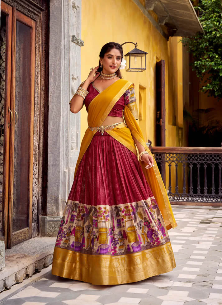 Red Chanderi Lehenga with Kalamkari & Zari Work