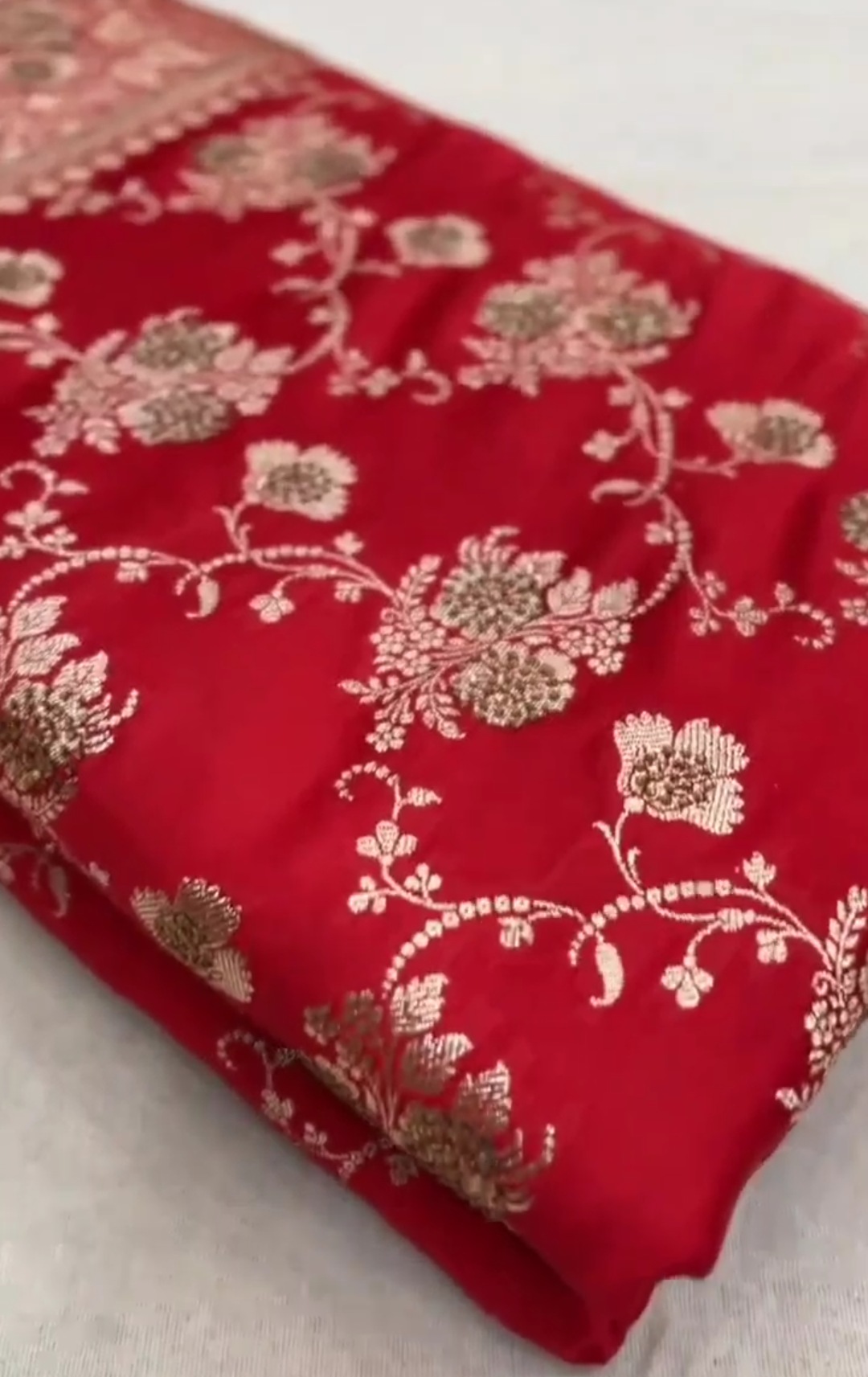 Red Banarasi Satin Katan Silk Swarovski Jangla Saree