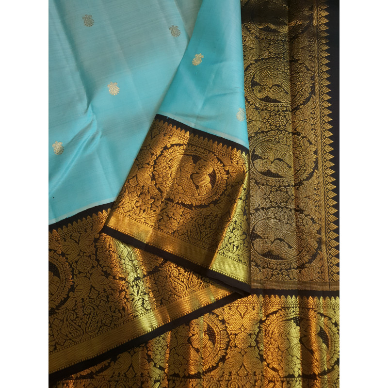 Turquoise Kanchipuram Handloom 2G Gold Baby Shower Korvai Silk Saree