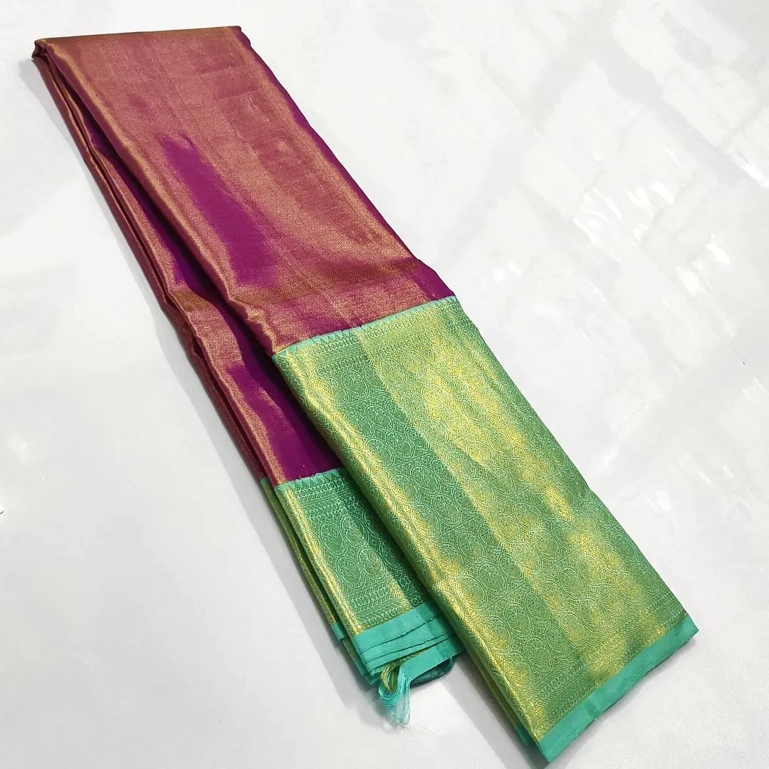 Dual Tone Plum Kanchipuram Handloom Meenakari Tissue Silk Saree