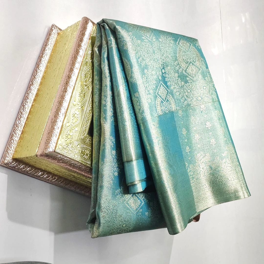 Turquoise Kanchipuram Handloom Tissue Brocade Silk Saree