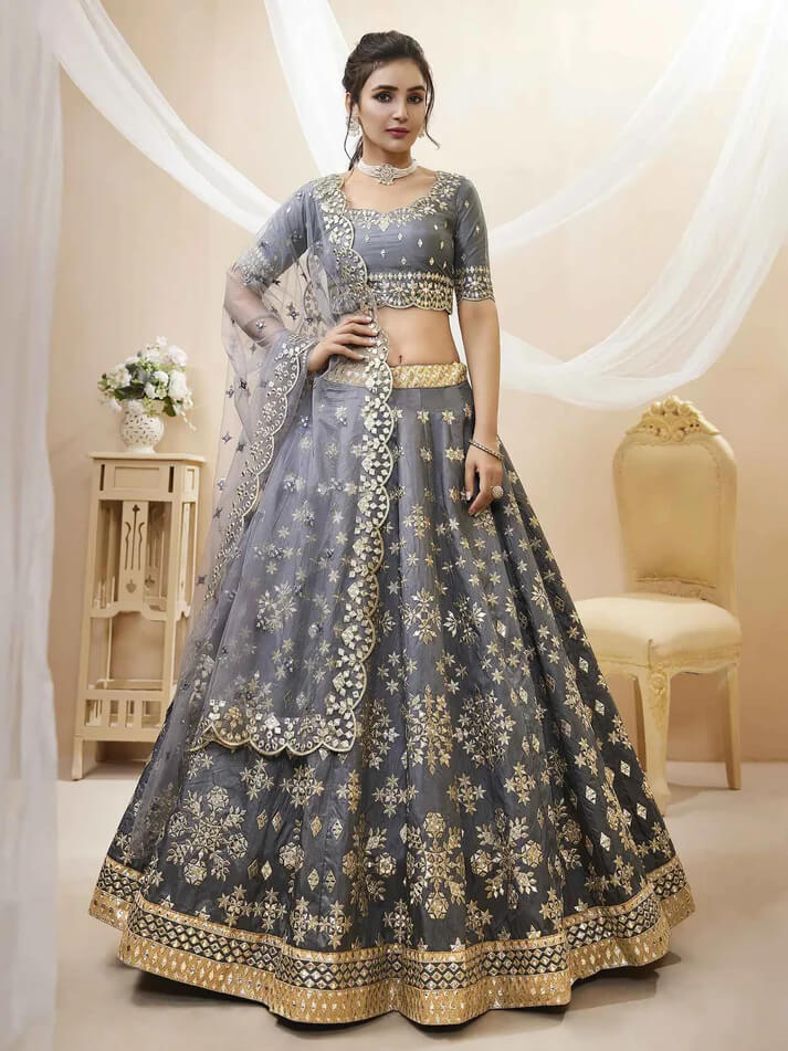 Grey Art Silk Lehenga with Sequins & Zari Embroidery