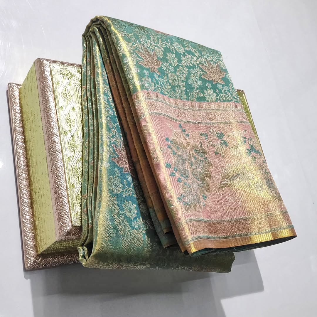 Turquoise Kanchipuram Handloom Tissue Brocade Meenakari Silk Saree