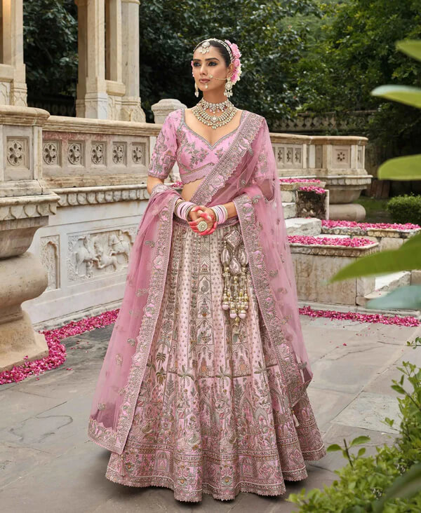 Elegant Peach Pink Lehenga for Brides with Two Dupattas