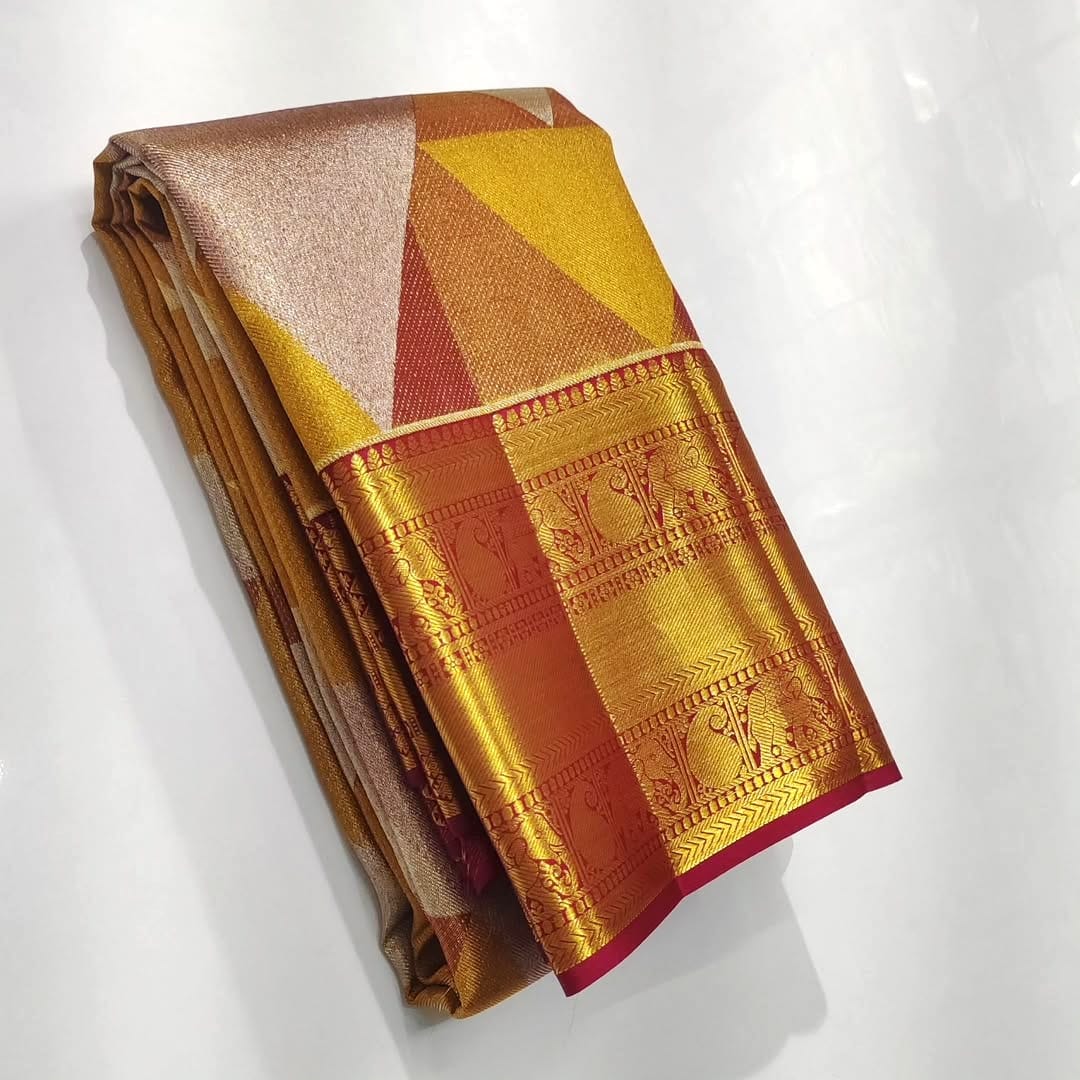 Bronze Kanchipuram Handloom Geometric Tissue Brocade Silk Saree